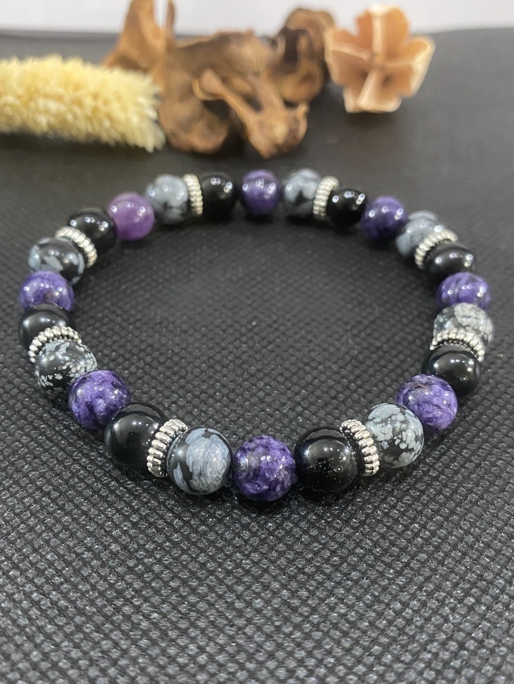 Men’s bracelet, Snowflake Obsidian, Black Obsidian and Charoite, crystals 9 inch